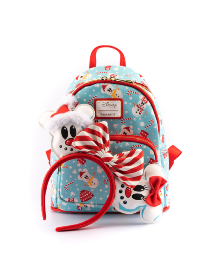 LOUNGEFLY DISNEY MINNIE MICKEY SNOWMAN MINI BACKPACK + HEADBAND SET obrázok 1